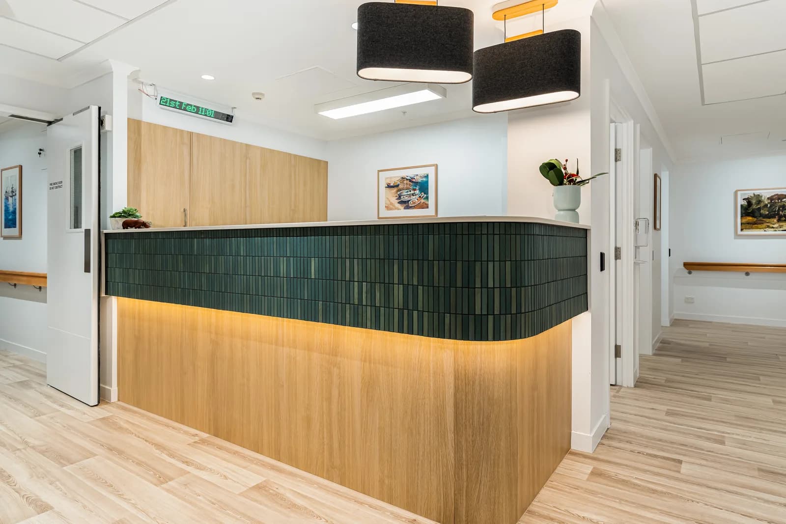 Curved laminex calm oak LED reception Brisbane